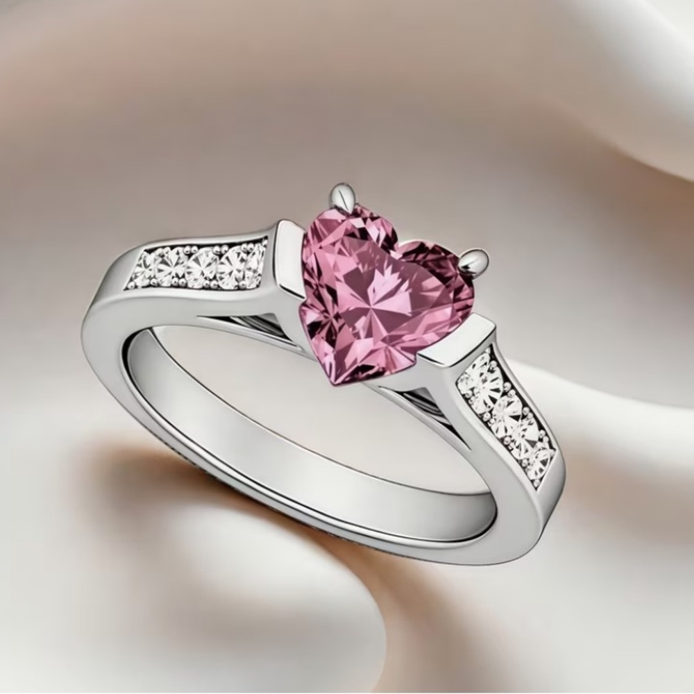 Heart Pink Crystal Silver Ring for Women